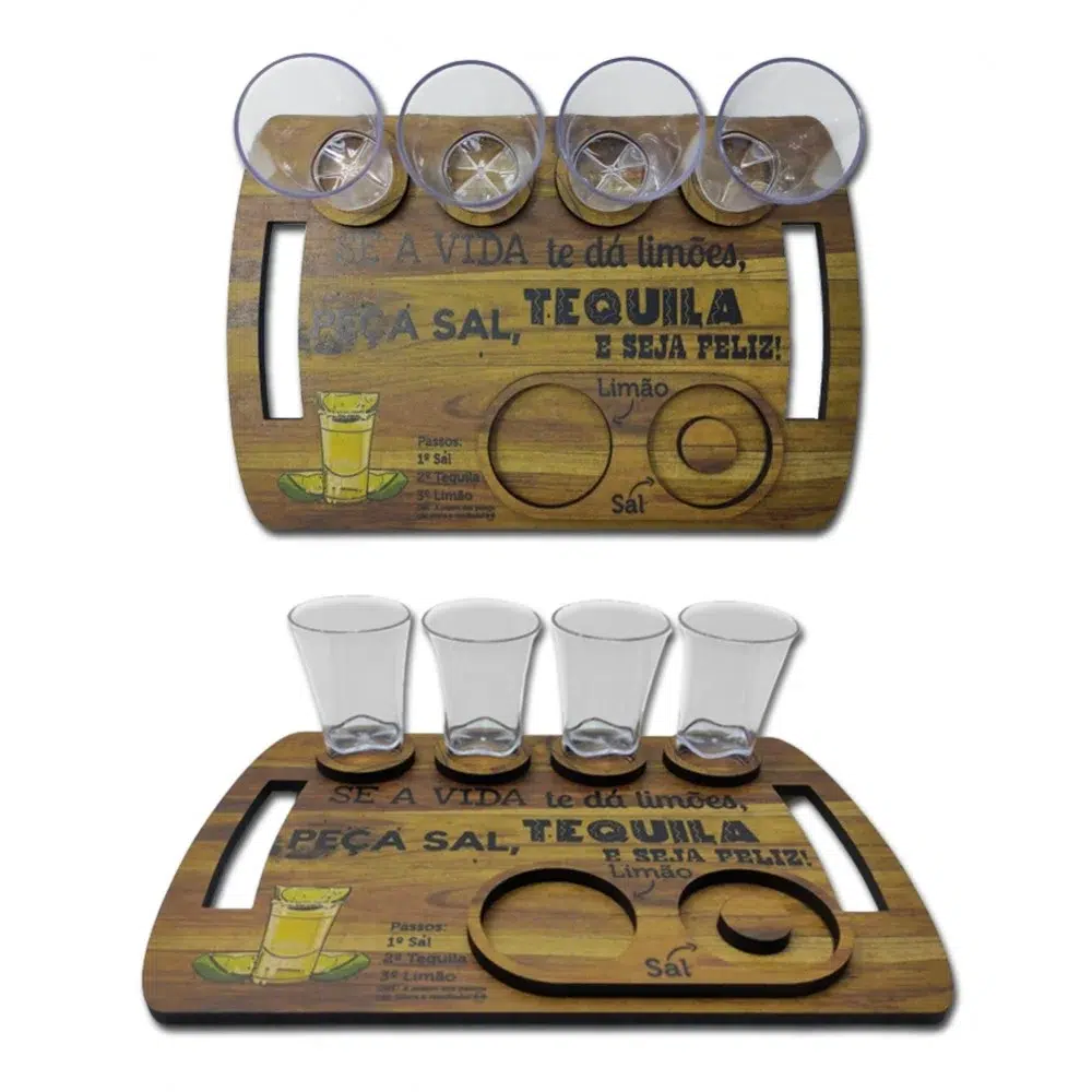 Tábua com 4 Copos Shot Modelo Tequila