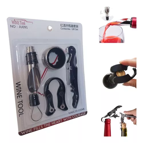 Kit Vinho Abridor Saca Rolhas Tampa Dosadora Anel Corta Gota