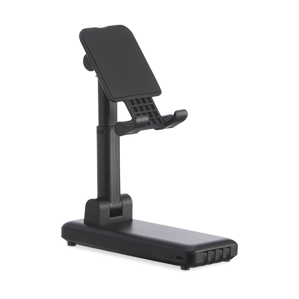 Power bank de 10.000mAh multissaídas com suporte retrátil para celular ou tablet com indicadores led de bateria.